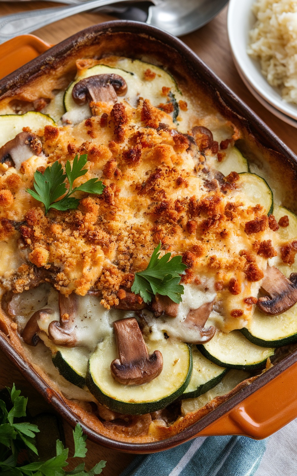 Creamy zucchini mushroom gratin with melted cheese and breadcrumbs in a rustic dish, garnished with parsley.